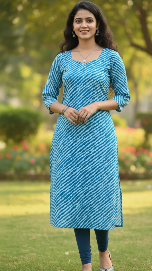 Blue Wavy Print Cotton Kurti