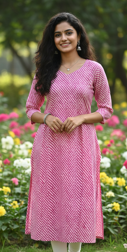 Pink Wavy Print Cotton Kurti