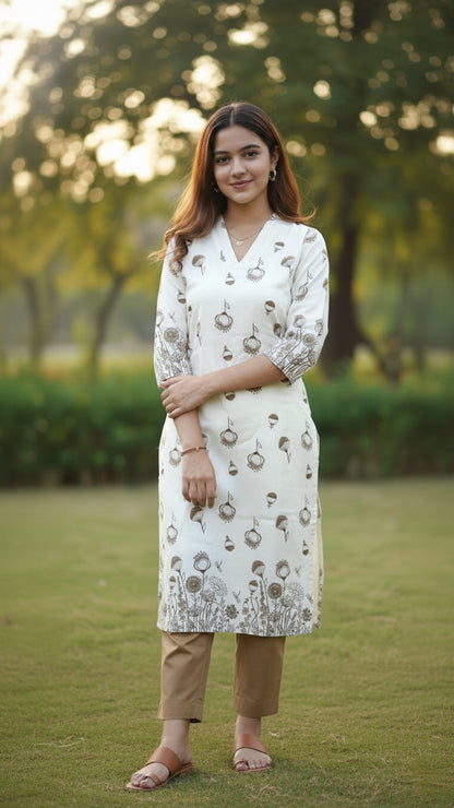 Printed Off White Kurti