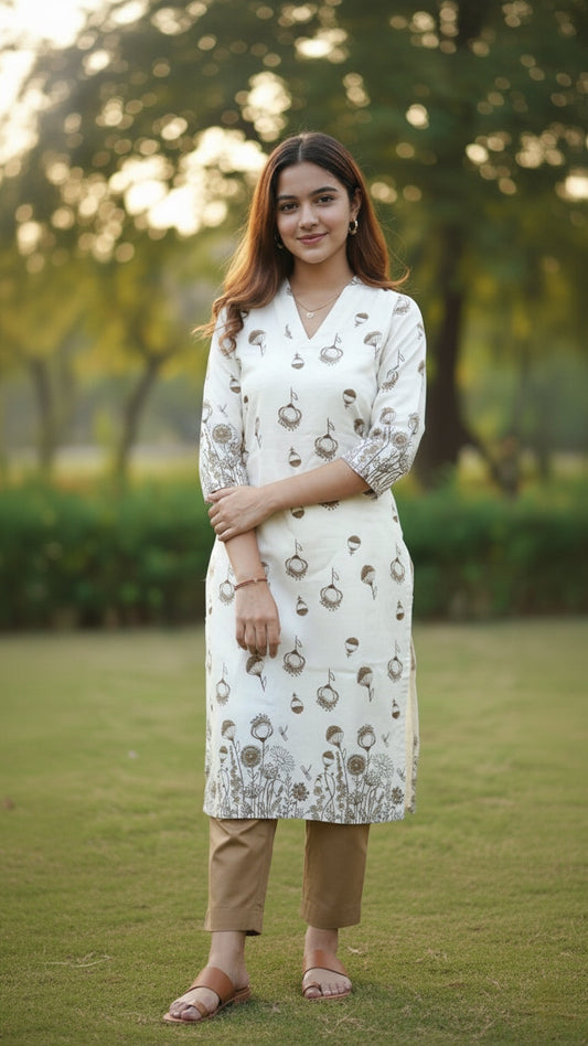 Printed Off White Kurti